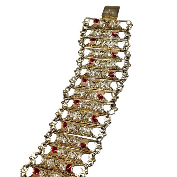 Electroplated Gold on 800 Silver Filigree Panel Bracelet Red White Accents 7.25" - Picture 9 of 15